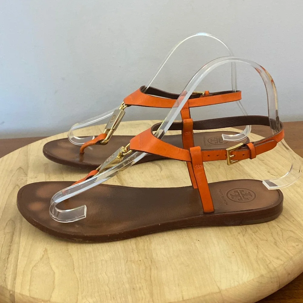 Tory Burch Padlock Orange Leather T-Strap Thong Flat Sandals Sz 6 M Gold-Tone
